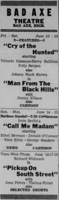 Bad Axe Theatre - June 12 1953 Ad